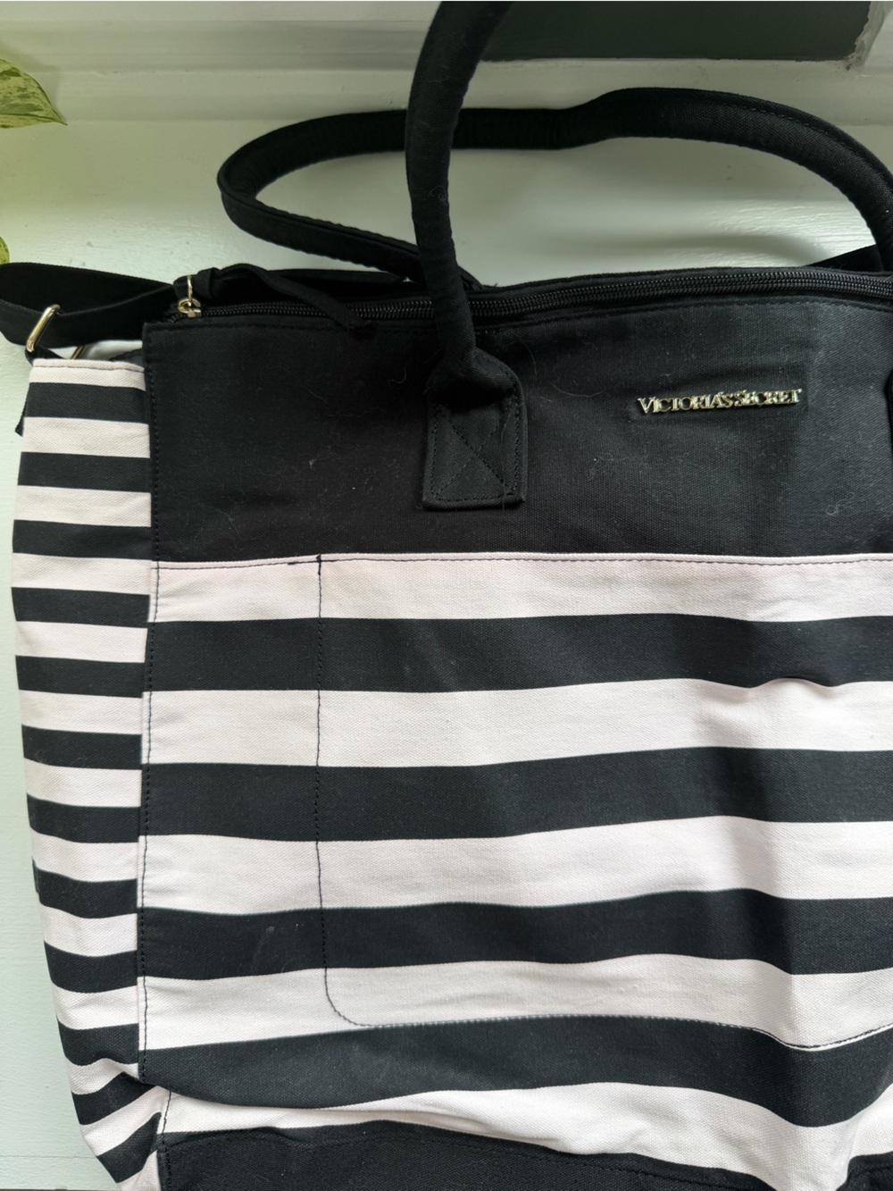 Victoria’s Secret Light Pink and Black Striped Tote Bag